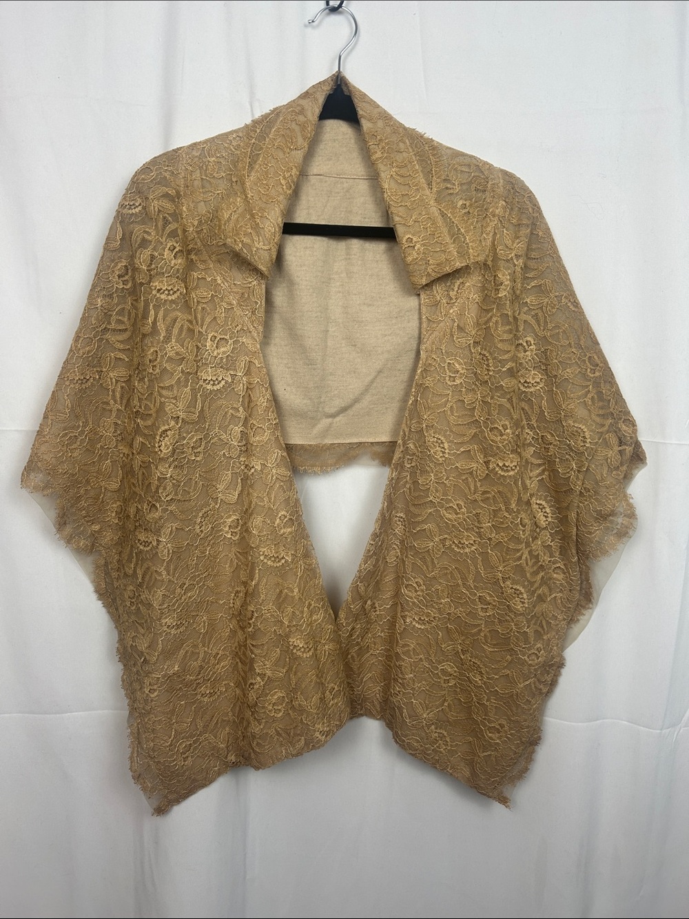 Vintage Lace Open-Front Poncho Shrug in Tan